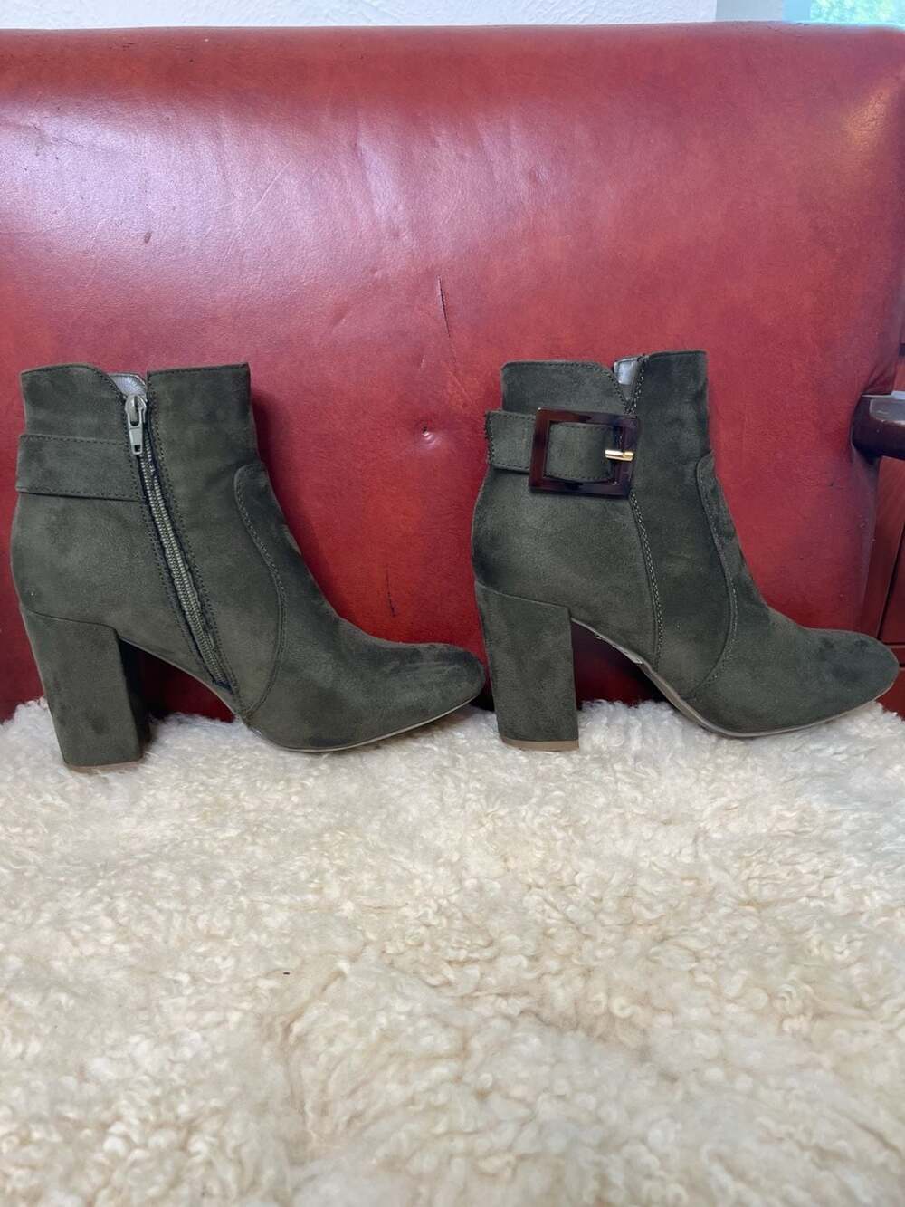 Olive Green Faux Suede Ankle Boots Chunky Block Heel Tortoiseshell Buckle Boho